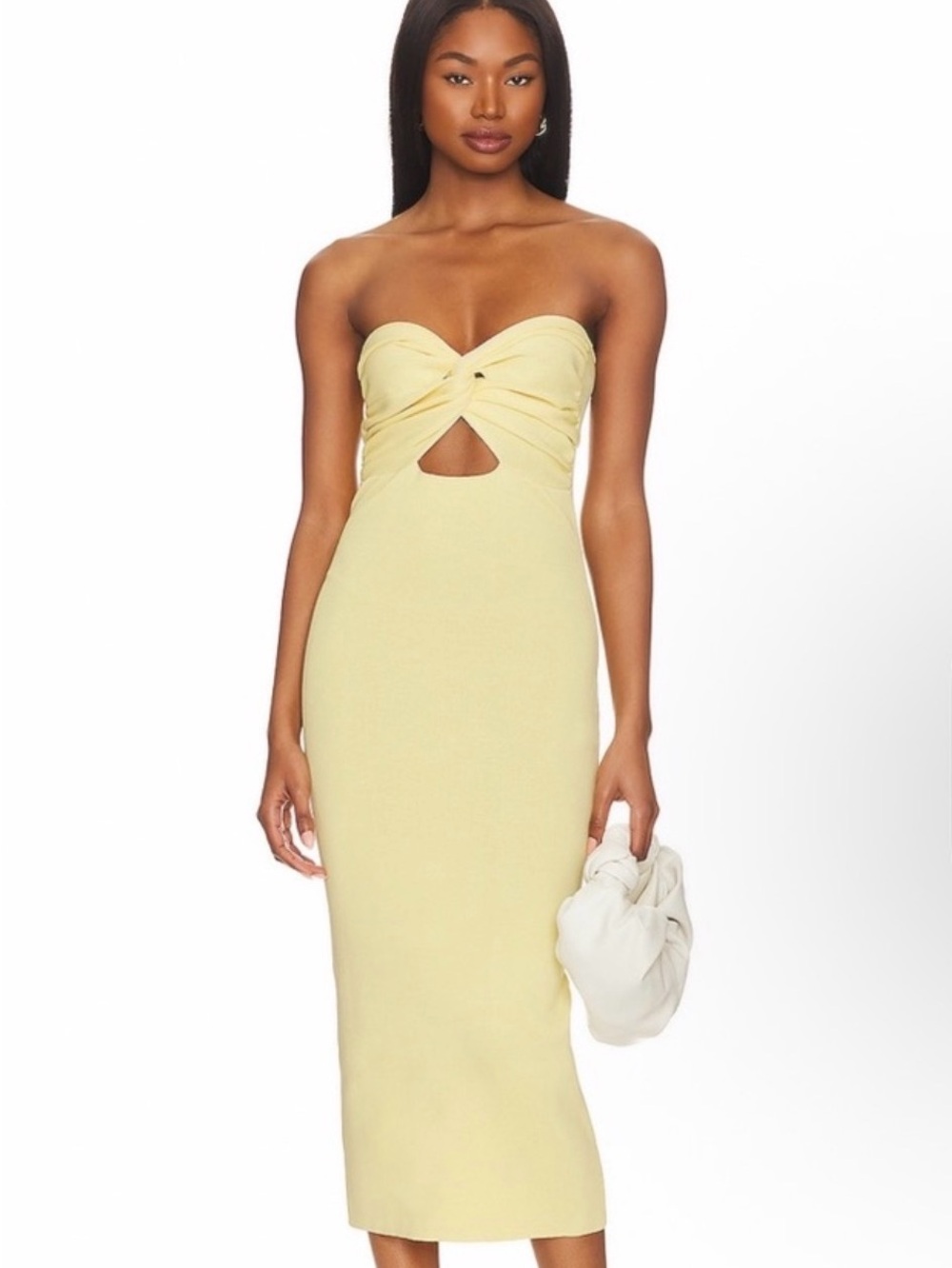 SNDYS Maia Dress Lemon Yellow Strapless Twist Cutout Ribbed Midi Dress Size S